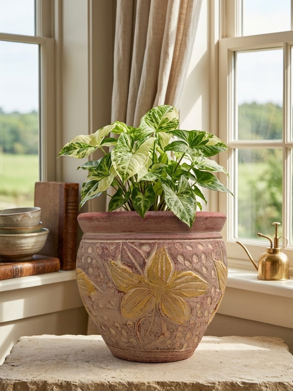 7 Inch Clay Planter with Drainage Hole | Hand Carved Floral Terracotta Pot